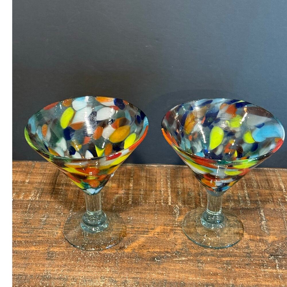 Set of 2 Mexican Hand Blown Confetti Margarita Glasses‎ Artisan Glass Barware - Picture 2 of 4